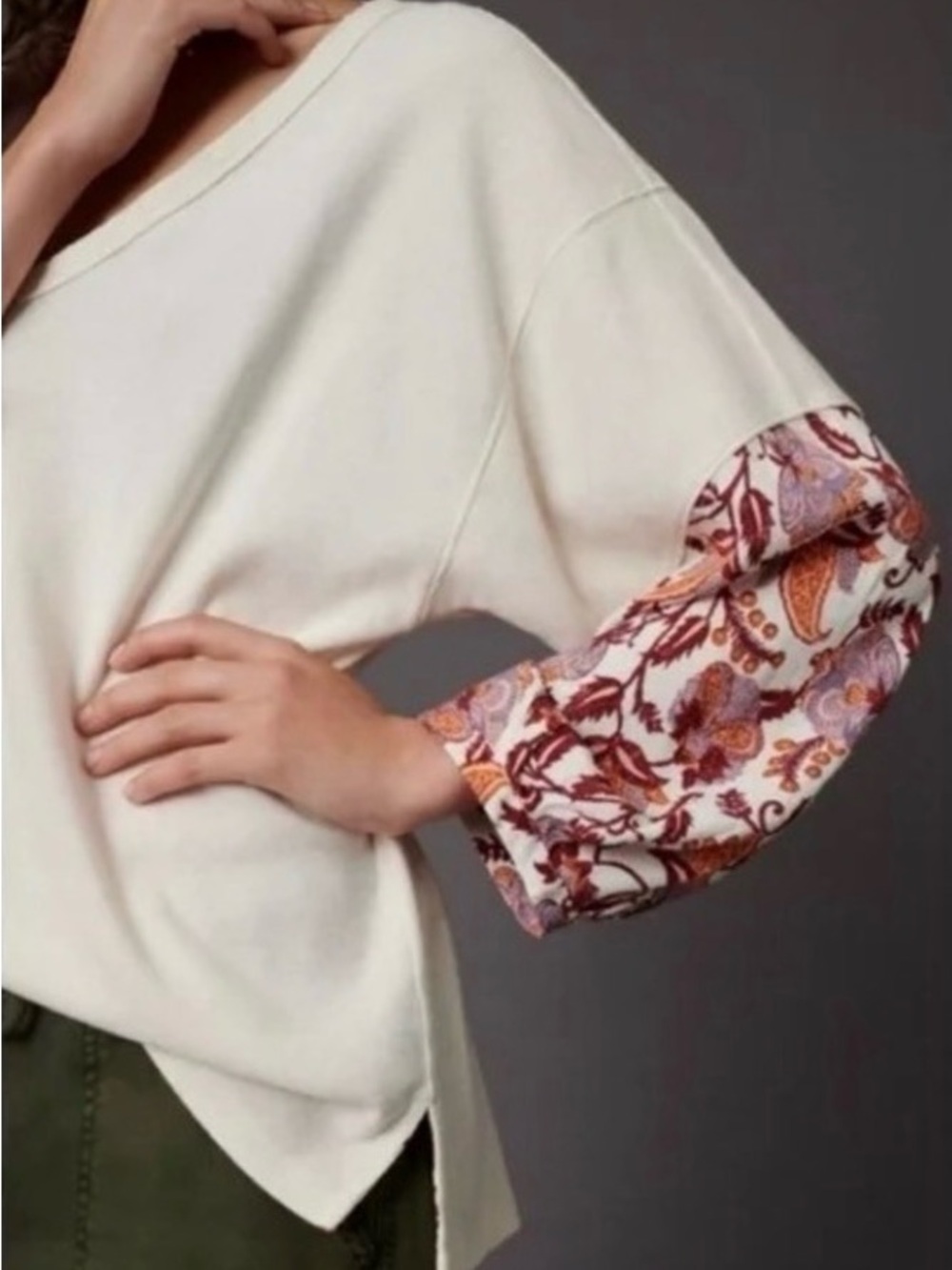 By Anthropologie Oversized Waffle Knit Top Floral Paisley Boho V-Neck Sz S - Picture 5 of 11
